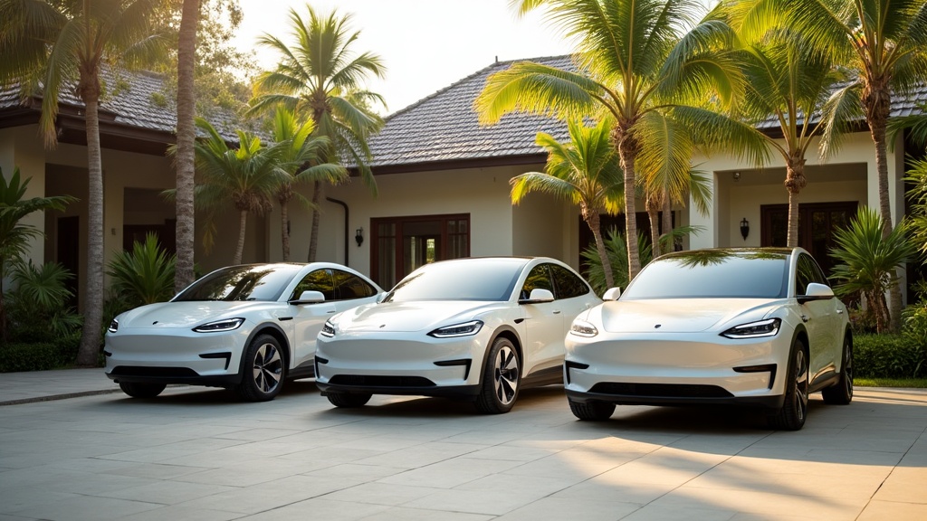 Electric rental car fleet lined up in a tropical Bali courtyard