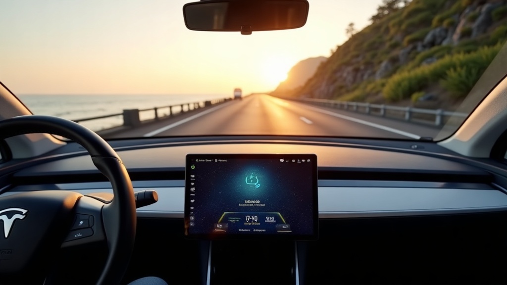 Electric car dashboard view on a coastal Bali road at golden hour
