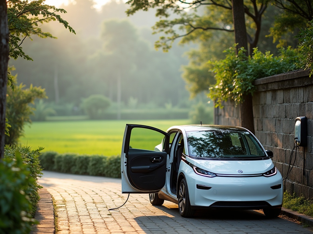 White electric rental car charging beside rice terraces in Bali